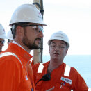 24 May: Crown Prince Haakon officially opens the Peregrino oil field off the coast of Brazil. Here on board the production vessel Maersk Peregrino with Minister of Petroleum and Energy Ola Borten Moe and Statoil's Helge Lund  (Photo: Runa Hestmann Tierno / Scanpix)